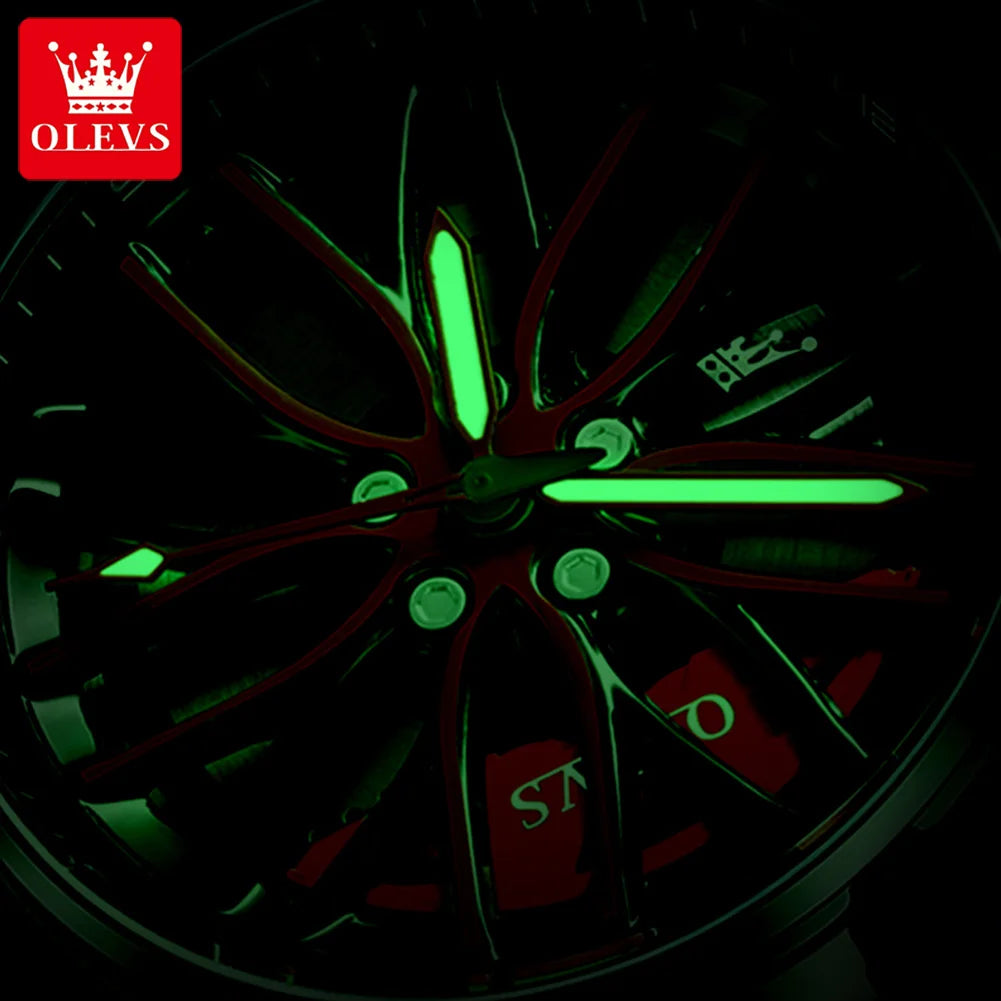 OLEVS Watch for Men 360° Rotary Dial Sport Car Rim Wheel Hub Waterproof Luminous Fashion Stainless Steel Men's Quartz